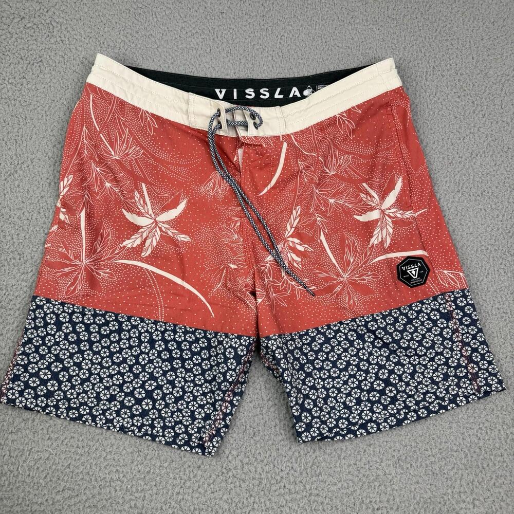 Vissla Upcycled Coconut Fabric Coral Blue Botanical Boardshorts Men's 34x8